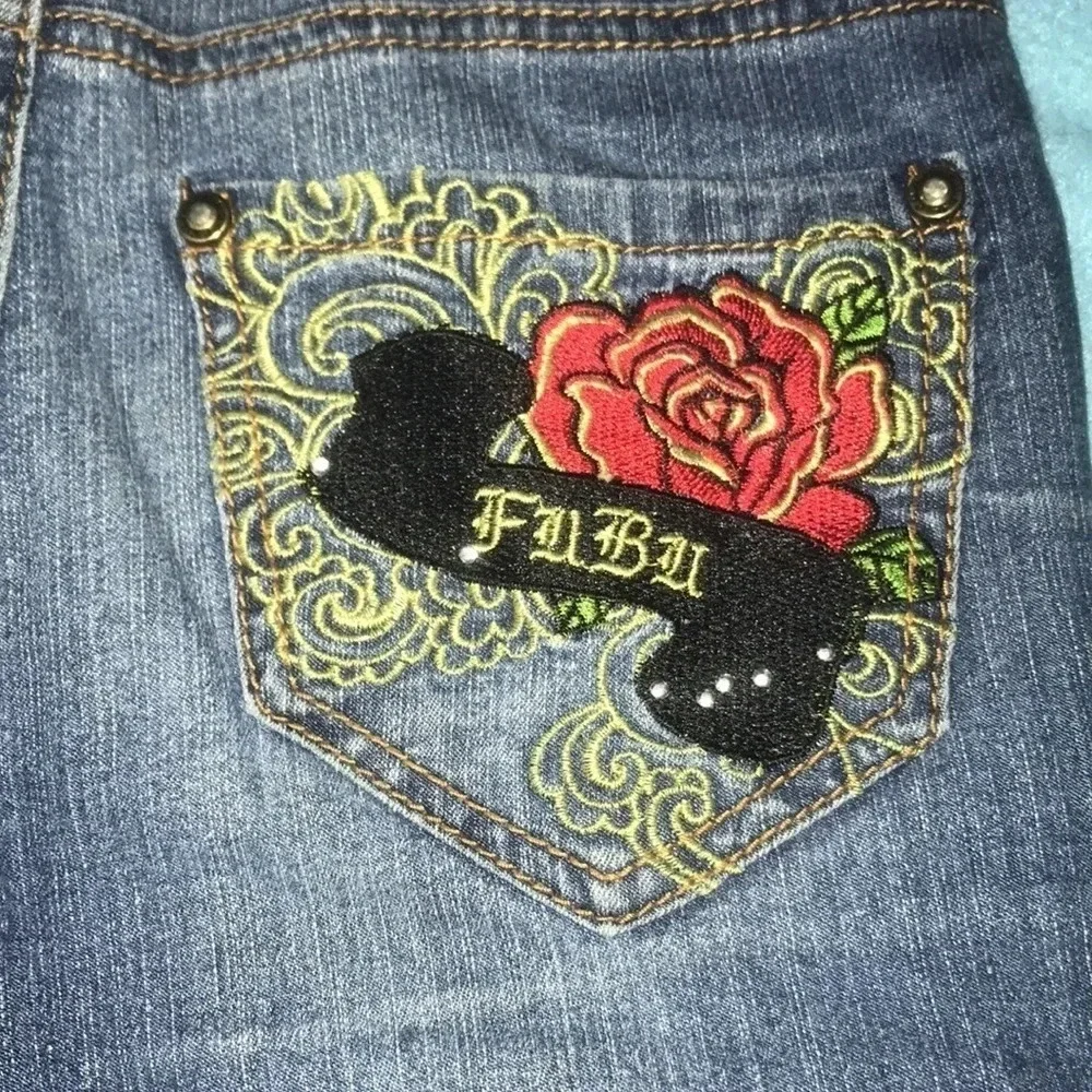 FUBU The Collection distressed bling embroidered jeans boot cut size 10